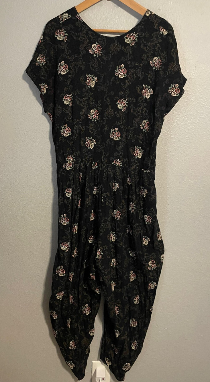 Vintage All That Jazz Womens Jumpsuit Size 13/14 Black Floral Rayon Cottagecore